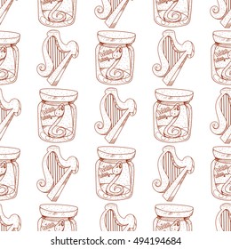 Seamless pattern with a harp and a serpent in a glass jar.