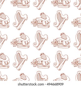 Seamless pattern with a harp and a slice of cake with strawberries.