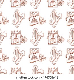 Seamless pattern with a harp and a tear-off calendar, on March 17 day.