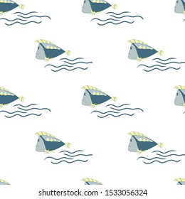 Seamless pattern with harsh blue with yellow fins cartoon fish. Children's textiles, wrapping paper, background, wallpaper.