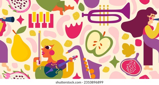 Seamless pattern for harvest day, farmer's market or food fair. Music, fruit, relaxing atmosphere. This design will make your project more interesting and festive!