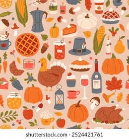 Nahtloses Muster der Ernte festliche Elemente Thanksgiving Tag: Truthahn, Mais, Kürbis, Wein, Herbstblätter, Kaffee, Kerze. Handgezeichnete, flache Abbildung. Hintergrund für Druck, Poster, Umschlagpapier