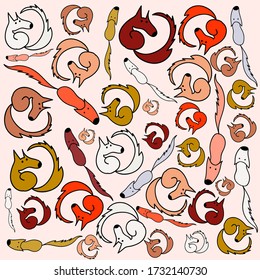 The seamless pattern has multi-colored cartoon foxes of different sizes on a light background. Fox are doodle and cute. Vector. 