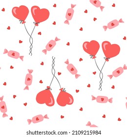 Seamless pattern has two heart balloons, candy and little hearts. Here are red, pink colors. Valentine's Day. Can be used in textiles, wrapping, decor, web. Vector illustration.