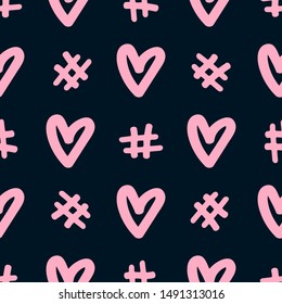 Seamless pattern with hashtags and hearts drawn by hand. Doodle, sketch. Simple, romantic print. Vector illustration.