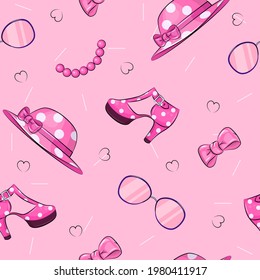 Seamless pattern with hat, bow, glasses, shoes, necklace. Vector illustration on a pink background with hearts.