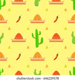Seamless pattern hat cactus chili pepper vector