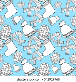 seamless pattern hat, mittens, boots, scarf winter vector illustration