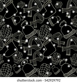 seamless pattern hat, mittens, boots, scarf winter a  coloring vector illustration