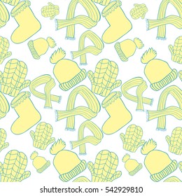 seamless pattern hat, mittens, boots, scarf winter yellow vector illustration