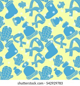 seamless pattern hat, mittens, scarf winter vector illustration