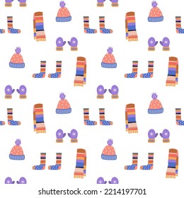 Seamless pattern of hat, scarf, gloves and boots. vector illustration