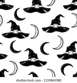 Seamless pattern, hat of a witch and the moon, sketch, hand drawing on a white background