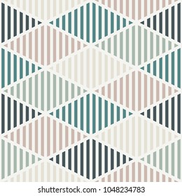 Seamless pattern with hatched diamonds. Argyle wallpaper. Rhombuses and lozenges motif. Repeated geometric figures abstract background. Modern style digital paper, textile print, page fill. Vector art
