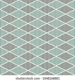 Seamless pattern with hatched diamonds. Argyle wallpaper. Rhombuses and lozenges motif. Repeated geometric figures abstract background. Modern style digital paper, textile print, page fill. Vector art