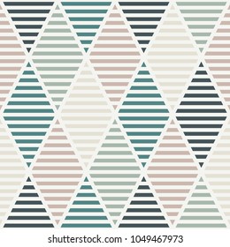 Seamless pattern with hatched diamonds. Argyle wallpaper. Rhombuses and lozenges motif. Repeated geometric figures abstract background. Modern style digital paper, textile print, page fill. Vector art