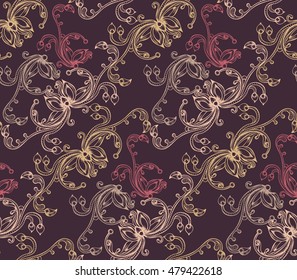 Seamless pattern with hatched floral ornament. Retro style. Vector illustration, eps10