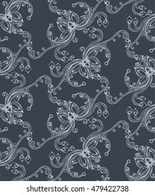 Seamless pattern with hatched floral ornament. Retro style. Vector illustration, eps10