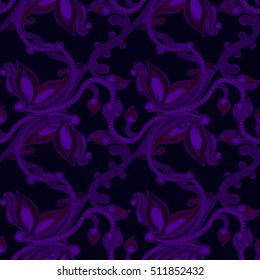 Seamless pattern with hatched floral ornament. Retro style. Hand drawn creative flower. Abstract herb. It can be used for wallpaper, textiles, wrapping. Vector illustration, eps10.