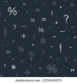 Seamless pattern of hatched math signs, punctuation marks on chalkboard in sketch. Hand drawn symbols of font. Isolated vector illustration on dark background