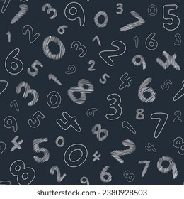 Seamless pattern of hatched numbers on chalkboard in sketch. Hand drawn symbols of font for print textile, wrapping paper. Isolated vector illustration on dark background
