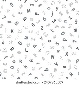 Seamless pattern of hatched and outline alphabet letters and numbers  in a sketch. Hand drawn symbols of font. Graphic print. Isolated vector illustration on white background
