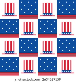 Seamless pattern of hats with American flag design. Perfect for 4th of July, patriotic-themed products, party decor, apparel prints, and national celebration materials.