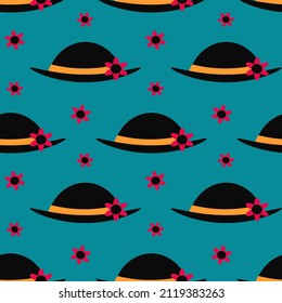 Seamless pattern with hats and flowers on blue background. Design for fabric and paper, surface textures.