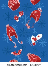 Seamless pattern with hats, mittens and gloves