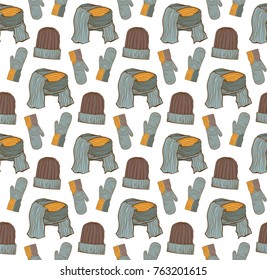 Seamless pattern of hats, mittens and a scarf. Blue, orange, brown range
