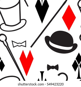 seamless pattern of hats, playing cards and canes