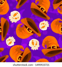 Seamless pattern hats of wizards, magicians, witches of different colors and shapes. Vector illustration.