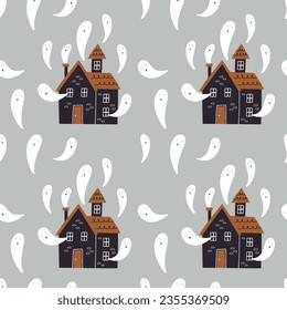 Seamless pattern haunted house with ghost in hand drawn style. Halloween background