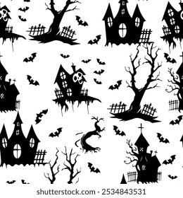 Seamless Pattern of Haunted Houses, Bats, and Dead Trees in Black Silhouette. Spooky Halloween Haunted Houses and Bats Pattern on Gray Background