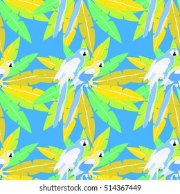 seamless pattern of Hawaii palm and parrot Caribbean Gold on blue. vector illustration