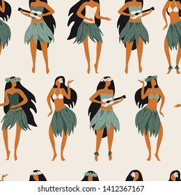 Seamless pattern with Hawaiian girls are dancing hula and playing ukulele. Cute texture for Hawaiian holidays. Vector. Funny character, flat cartoon style summer design for textile, paper, fabric