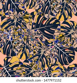 Seamless Pattern with Hawaiian Jungle. Retro Colorful Texture with Tropical Leaves for Wallpaper, Swimwear, Underwear. Vector Tropical Pattern.