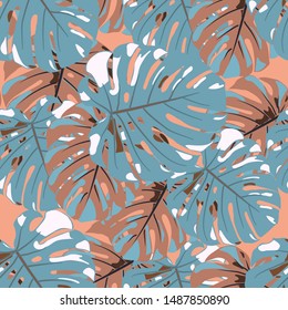 Seamless Pattern with Hawaiian Jungle. Retro Colorful Texture with Tropical Leaves for Paper, Swimwear, Textile. Vector Tropical Pattern.