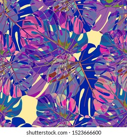 Seamless Pattern with Hawaiian Jungle. Retro Colorful Texture with Tropical Leaves for Paper, Swimwear, Textile. Vector Tropical Pattern.