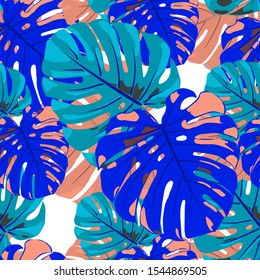 Seamless Pattern with Hawaiian Jungle. Trendy Colorful Texture with Tropical Leaves for Fabric, Textile, Linen. Vector Tropical Pattern.