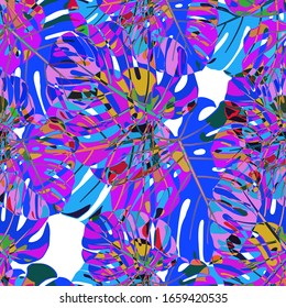 Seamless Pattern with Hawaiian Jungle. Trendy Colorful Texture with Tropical Leaves for Fabric, Wallpaper, Textile. Vector Tropical Pattern.