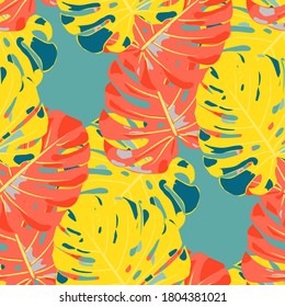 Seamless Pattern with Hawaiian Jungle. Vintage Colorful Texture with Tropical Leaves for Fabric, Textile, Linen. Vector Tropical Pattern.