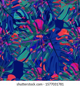 Seamless Pattern with Hawaiian Rainforest. Modern Colorful Texture with Tropical Leaves for Paper, Swimwear, Textile. Vector Tropical Pattern.