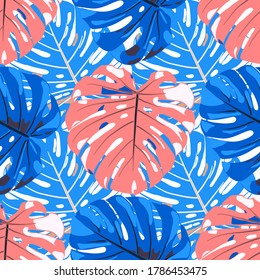 Seamless Pattern with Hawaiian Rainforest. Modern Colorful Texture with Tropical Leaves for Paper, Swimwear, Textile. Vector Tropical Pattern.