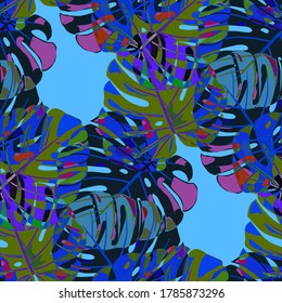 Seamless Pattern with Hawaiian Rainforest. Retro Colorful Texture with Tropical Leaves for Print, Swimwear, Underwear. Vector Tropical Pattern.