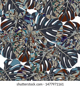 Seamless Pattern with Hawaiian Rainforest. Trendy Colorful Texture with Tropical Leaves for Paper, Swimwear, Textile. Vector Tropical Pattern.