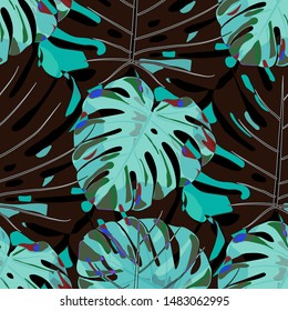 Seamless Pattern with Hawaiian Rainforest. Trendy Colorful Texture with Tropical Leaves for Wallpaper, Swimwear, Underwear. Vector Tropical Pattern.