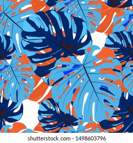 Seamless Pattern with Hawaiian Rainforest. Trendy Colorful Texture with Tropical Leaves for Print, Textile, Underwear. Vector Tropical Pattern.