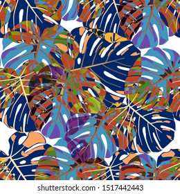 Seamless Pattern with Hawaiian Rainforest. Trendy Colorful Texture with Tropical Leaves for Fabric, Wallpaper, Linen. Vector Tropical Pattern.