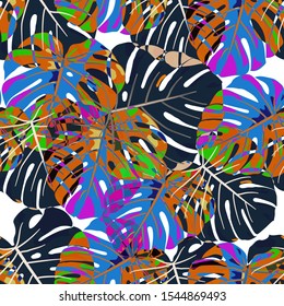 Seamless Pattern with Hawaiian Rainforest. Trendy Colorful Texture with Tropical Leaves for Paper, Wallpaper, Textile. Vector Tropical Pattern.
